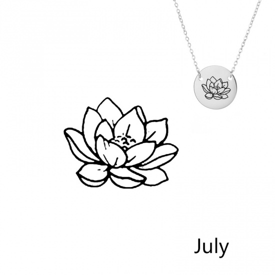 Bild von 316L Edelstahl Geburtsmonat Blume Halskette Silberfarbe Juli Lotosblume 42cm lang, 1 Strang