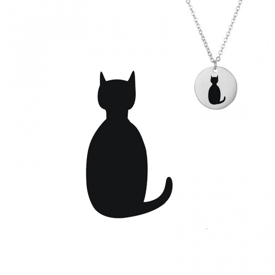 Picture of 316L Stainless Steel Family Jewelry Necklace Silver Tone Round Cat 42cm(16 4/8") long, 1 Piece