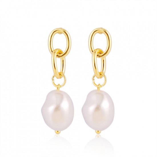 Picture of Link Chain Earrings Gold Plated White Baroque Imitation Pearl 7cm - 5cm, 1 Pair
