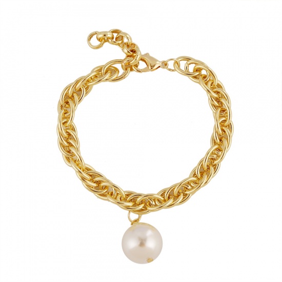 Picture of Baroque Thick Chains Bracelets Gold Plated White Round Imitation Pearl 22.5cm(8 7/8") long, 1 Piece