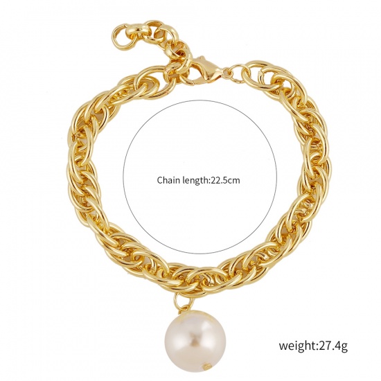 Picture of Baroque Thick Chains Bracelets Gold Plated White Round Imitation Pearl 22.5cm(8 7/8") long, 1 Piece