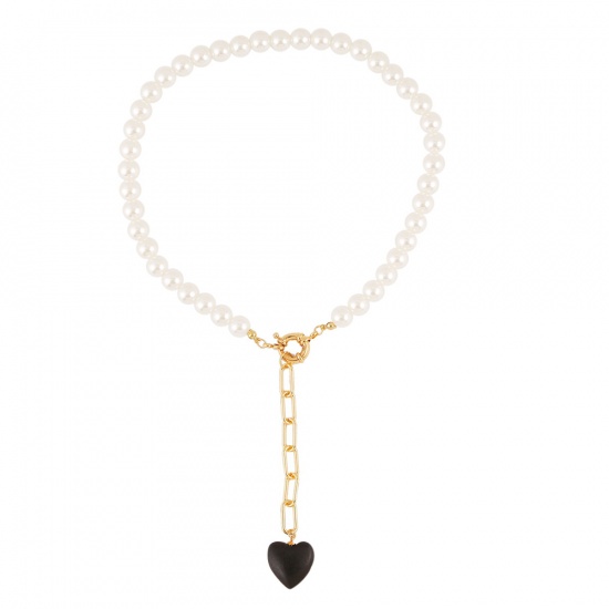 Picture of Baroque Y Shaped Lariat Necklace Gold Plated Black & White Heart Imitation Pearl 1 Piece