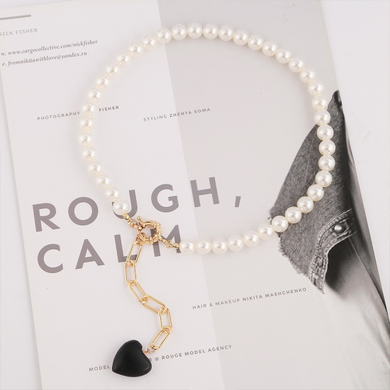 Picture of Baroque Y Shaped Lariat Necklace Gold Plated Black & White Heart Imitation Pearl 1 Piece