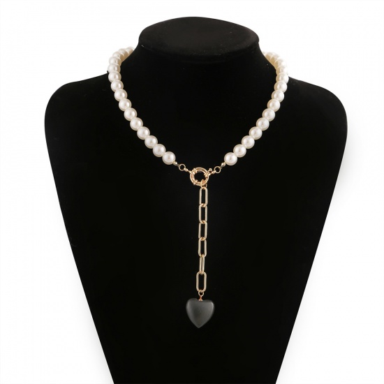 Bild von Barock Y Form Lariat Halskette Vergoldet Schwarz & Weiß Herz Imitat Perle 1 Strang