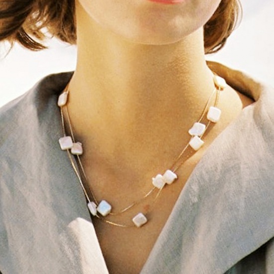Picture of Baroque Multilayer Layered Necklace Gold Plated White Square Imitation Pearl 1 Piece