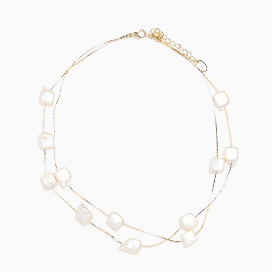 Bild von Barock Mehrschichtige Halskette Vergoldet Weiß Quadrat Imitat Perle 1 Strang