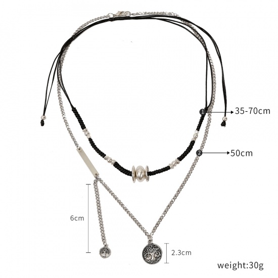 Picture of Vintage Retro Braided String Cord Necklace Black Round Tree of Life Adjustable 70cm(27 4/8") - 35cm(13 6/8") long, 1 Set ( 2 PCs/Set)