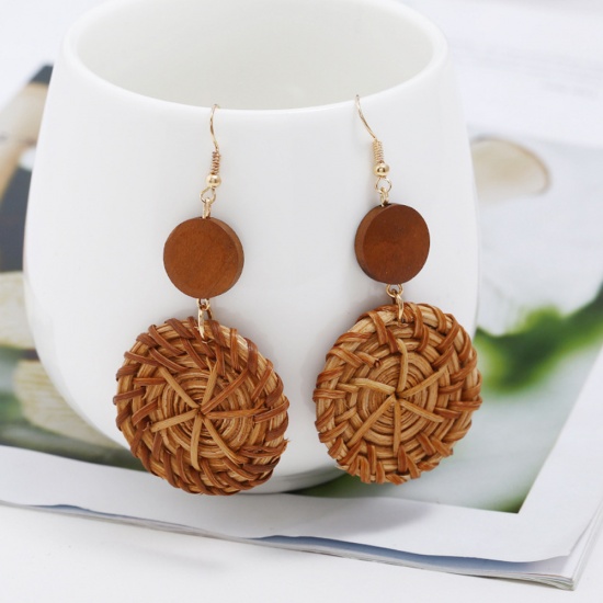 Picture of Rattan Braided Earrings Coffee Round 8cm - 6cm, 1 Pair