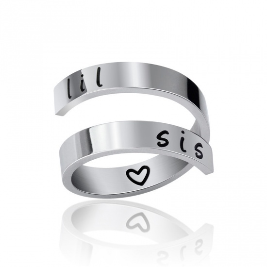 Picture of Titanium Steel Open Adjustable Rings Silver Tone Heart " Lil Sis " Multilayer 18.9mm(US Size 9), 1 Piece