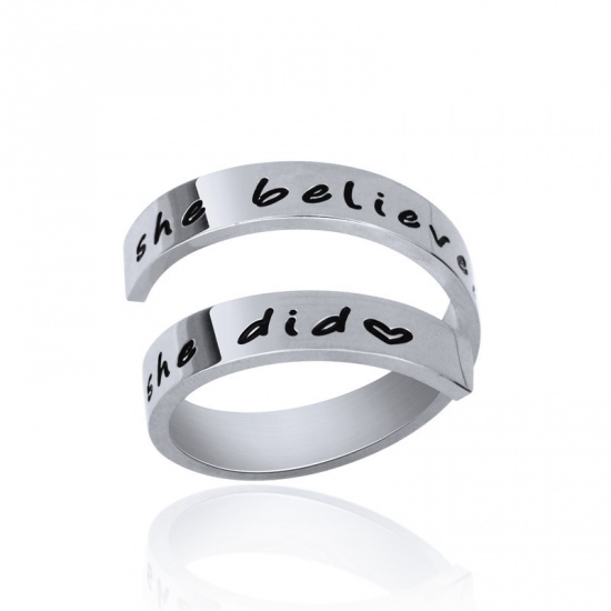 Picture of Titanium Steel Open Adjustable Rings Silver Tone Heart " She believed she could So she did " Multilayer 18.9mm(US Size 9), 1 Piece