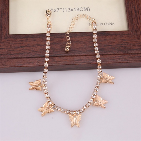 Picture of Tennis Chain Anklet Gold Plated Butterfly Animal Clear Rhinestone 22cm(8 5/8") long, 1 Piece