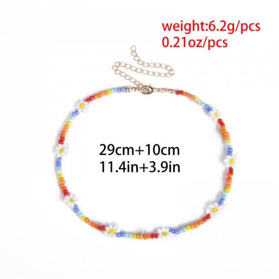 Picture of Boho Chic Bohemia Beaded Necklace Multicolor Daisy Flower 29cm(11 3/8") long, 1 Piece