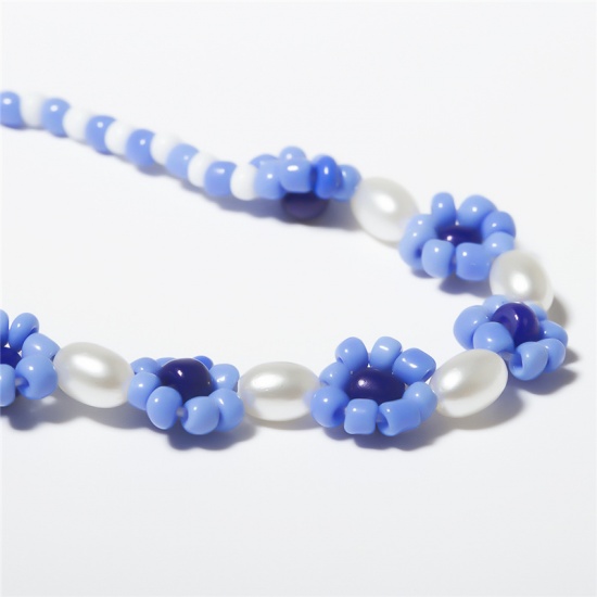 Picture of Boho Chic Bohemia Dainty Bracelets Delicate Bracelets Beaded Bracelet Blue Daisy Flower Imitation Pearl 16cm(6 2/8") long, 1 Piece