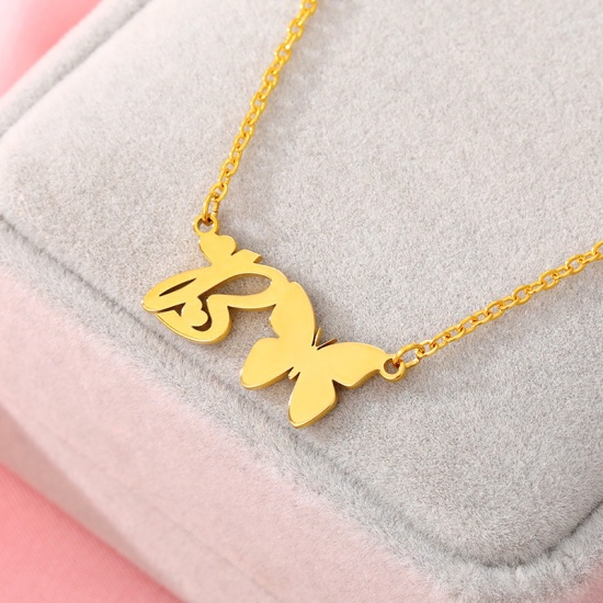 Picture of Stainless Steel Insect Necklace Gold Plated Butterfly Animal Initial Alphabet/ Capital Letter Message " B " 45cm(17 6/8") long, 1 Piece