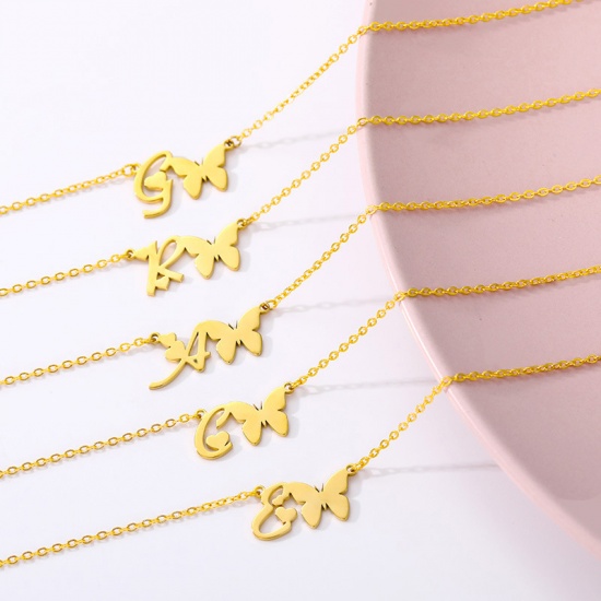 Picture of Stainless Steel Insect Necklace Gold Plated Butterfly Animal Initial Alphabet/ Capital Letter Message " B " 45cm(17 6/8") long, 1 Piece