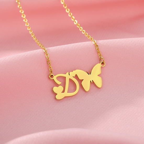 Picture of Stainless Steel Insect Necklace Gold Plated Butterfly Animal Initial Alphabet/ Capital Letter Message " D " 45cm(17 6/8") long, 1 Piece