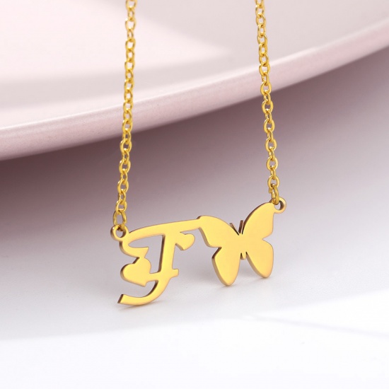 Picture of Stainless Steel Insect Necklace Gold Plated Butterfly Animal Initial Alphabet/ Capital Letter Message " F " 45cm(17 6/8") long, 1 Piece