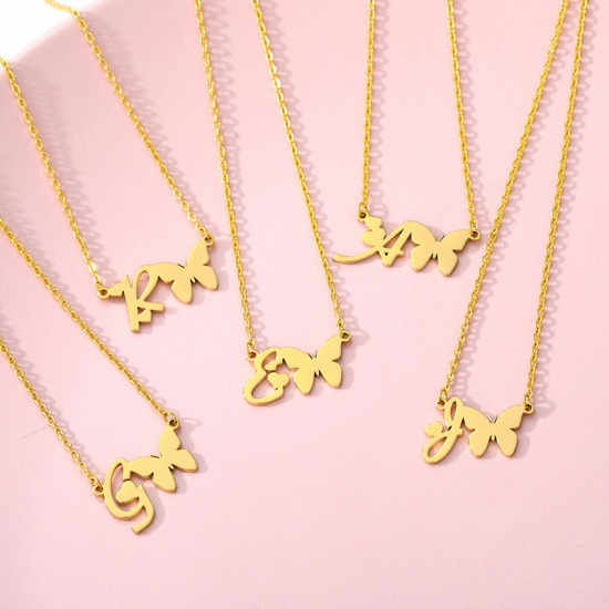 Picture of Stainless Steel Insect Necklace Gold Plated Butterfly Animal Initial Alphabet/ Capital Letter Message " F " 45cm(17 6/8") long, 1 Piece