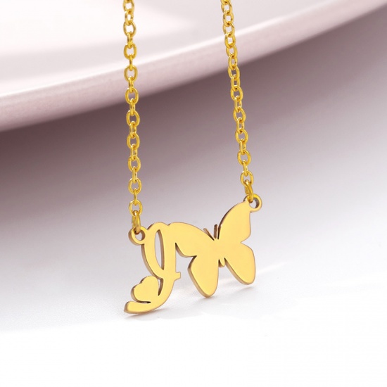 Picture of Stainless Steel Insect Necklace Gold Plated Butterfly Animal Initial Alphabet/ Capital Letter Message " I " 45cm(17 6/8") long, 1 Piece