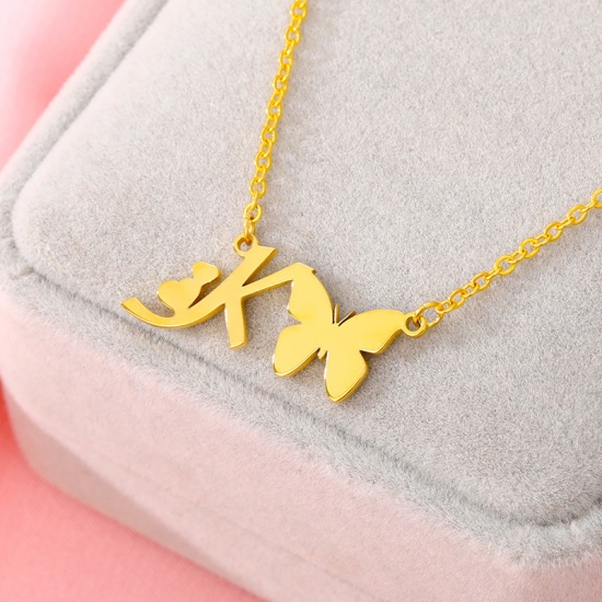 Picture of Stainless Steel Insect Necklace Gold Plated Butterfly Animal Initial Alphabet/ Capital Letter Message " K " 45cm(17 6/8") long, 1 Piece