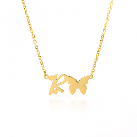 Picture of Stainless Steel Insect Necklace Gold Plated Butterfly Animal Initial Alphabet/ Capital Letter Message " R " 45cm(17 6/8") long, 1 Piece