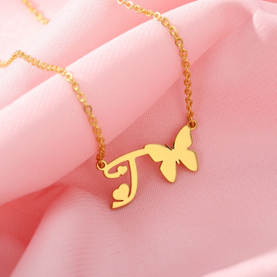 Picture of Stainless Steel Insect Necklace Gold Plated Butterfly Animal Initial Alphabet/ Capital Letter Message " T " 45cm(17 6/8") long, 1 Piece