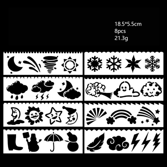 Immagine di PET Disegno Modello Stencil Righello Pittura Sole Luna Bianco 18.5cm x 5.5cm, 1 Serie ( 8 Pz/Serie)