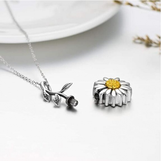 Picture of Cremation Ash Urn Necklace Silver Tone Sunflower Can Open 61cm(24") long, 1 Piece