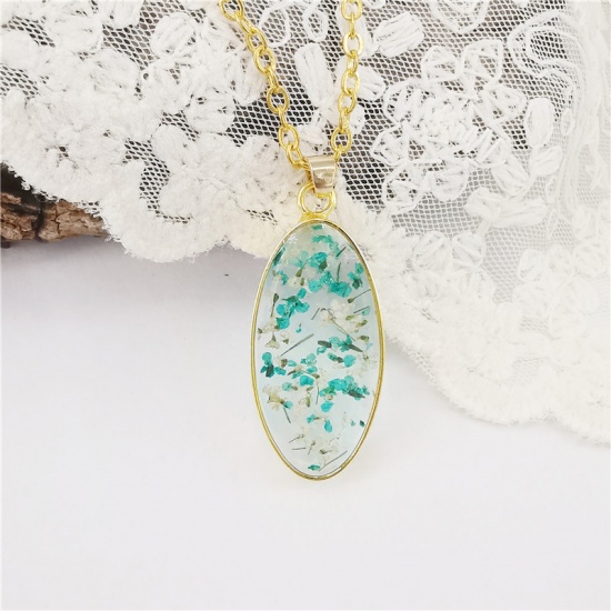 Picture of Handmade Resin Jewelry Real Flower Necklace Gold Plated Green Oval 45cm(17 6/8") long, 1 Piece