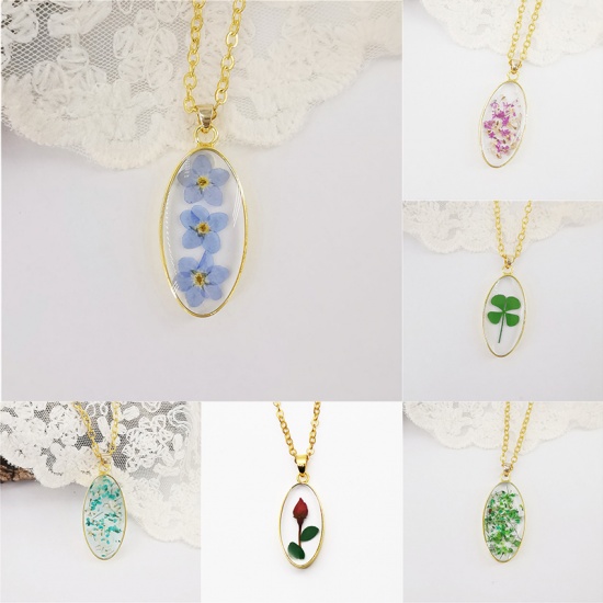 Picture of Handmade Resin Jewelry Real Flower Necklace Gold Plated Green Oval 45cm(17 6/8") long, 1 Piece