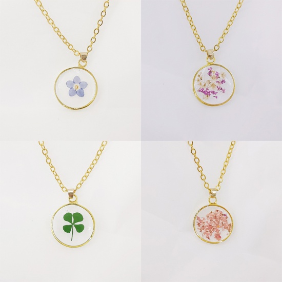 Picture of Handmade Resin Jewelry Real Flower Necklace Gold Plated Green Round 45cm(17 6/8") long, 1 Piece