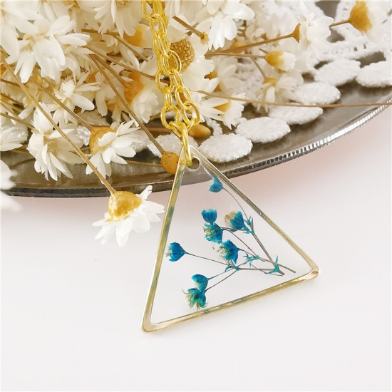 Picture of Handmade Resin Jewelry Real Flower Necklace Gold Plated Blue Triangle 45cm(17 6/8") long, 1 Piece