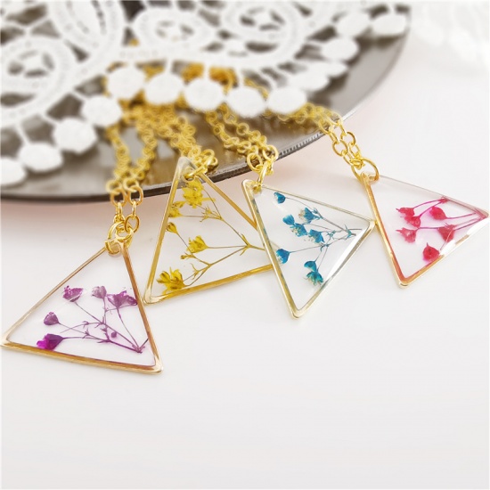 Picture of Handmade Resin Jewelry Real Flower Necklace Gold Plated Blue Triangle 45cm(17 6/8") long, 1 Piece