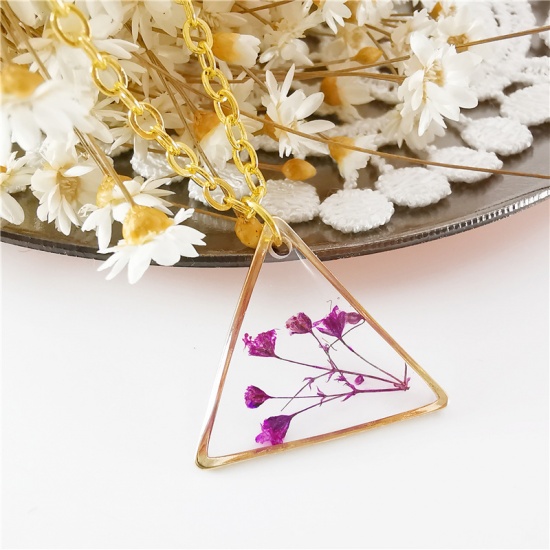 Изображение Ручной Труд Смоляной Цветок Ожерелья Позолоченный Фиолетовый Треугольник 45см длина, 1 ШТ