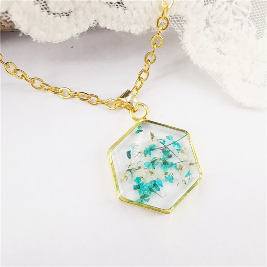 Picture of Handmade Resin Jewelry Real Flower Necklace Gold Plated Light Blue Hexagon 45cm(17 6/8") long, 1 Piece