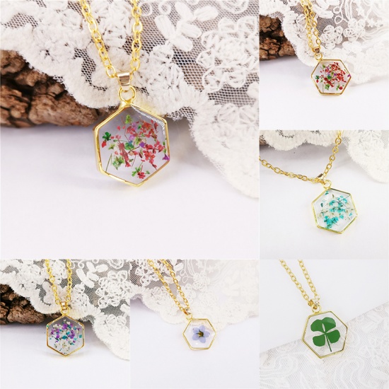 Picture of Handmade Resin Jewelry Real Flower Necklace Gold Plated Light Blue Hexagon 45cm(17 6/8") long, 1 Piece