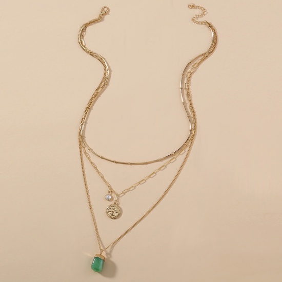 Picture of Multilayer Layered Necklace Gold Plated Green Round Arrow Imitation Pearl 38cm(15") long, 1 Piece