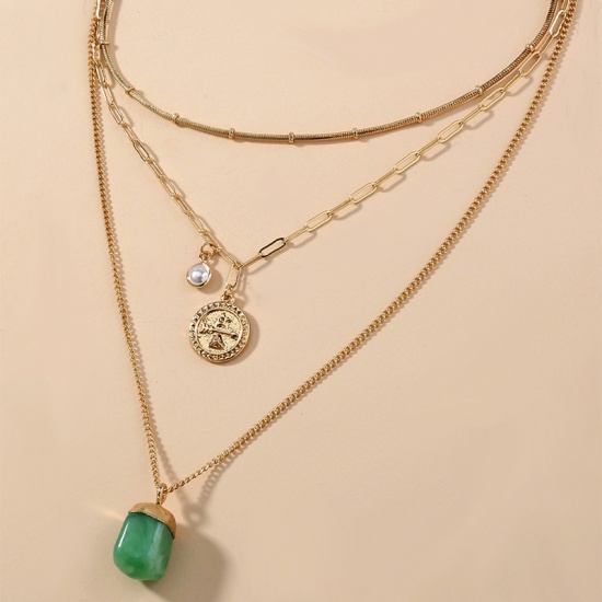 Изображение Многослойное ожерелье Позолоченный Зеленый Круглые Стрела Имитация жемчуга 38см Длина, 1 ШТ