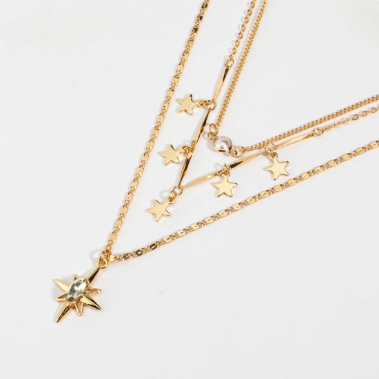 Picture of Multilayer Layered Necklace Gold Plated Star Of David Hexagram Pentagram Star Clear Rhinestone 38cm(15") long, 1 Piece