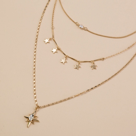 Изображение Многослойное ожерелье Позолоченный Звезда Давида гексаграмма Звезда Прозрачный Горный Хрусталь 38см Длина, 1 ШТ