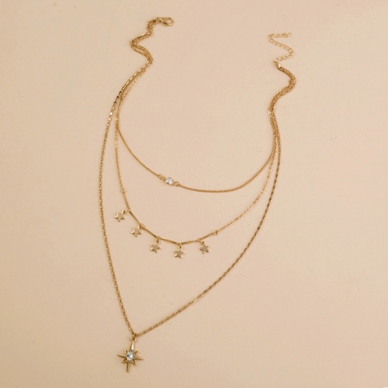 Изображение Многослойное ожерелье Позолоченный Звезда Давида гексаграмма Звезда Прозрачный Горный Хрусталь 38см Длина, 1 ШТ