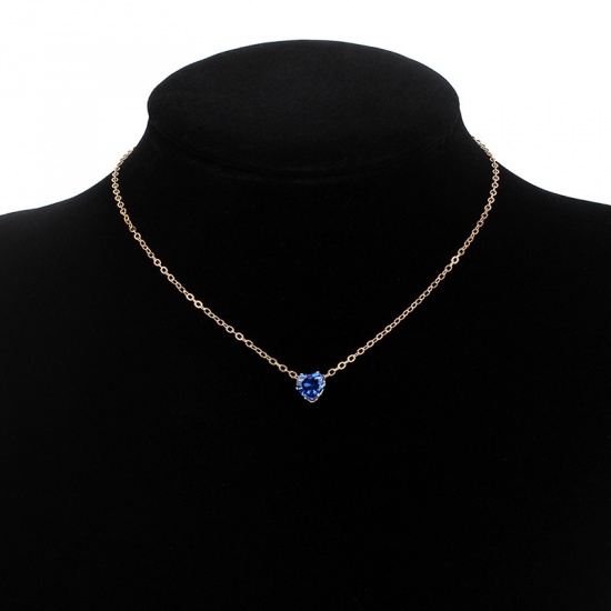 Picture of Necklace Gold Plated Heart Blue Cubic Zirconia 34cm(13 3/8") long, 1 Piece
