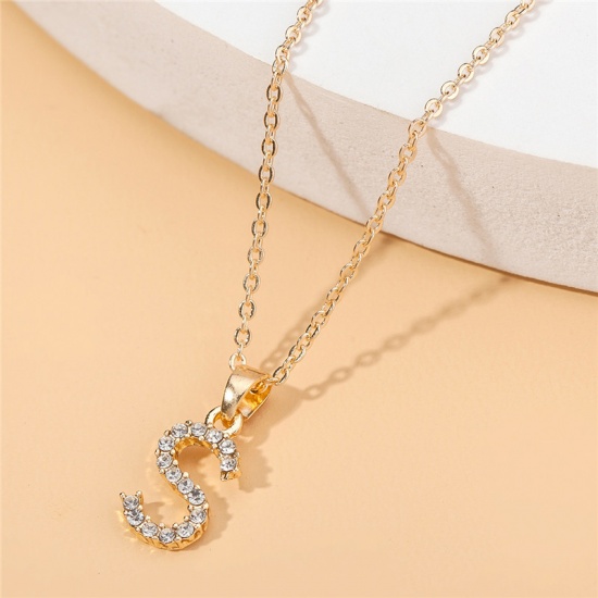 Picture of Necklace Gold Plated Capital Alphabet/ Letter Message " S " Clear Rhinestone 40cm(15 6/8") long, 1 Piece