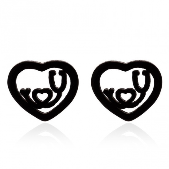 Immagine di Stainless Steel Ear Post Stud Earrings Black Heart 8mm x 6mm, 1 Pair