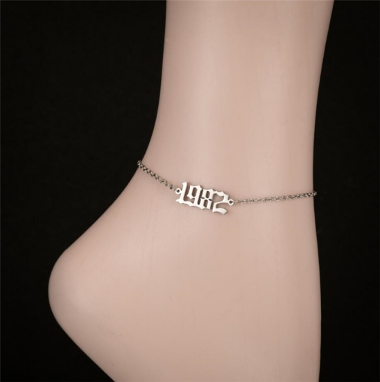 Picture of Stainless Steel Year Anklet Silver Tone Number Message " 1982 " 21cm(8 2/8") long, 1 Piece