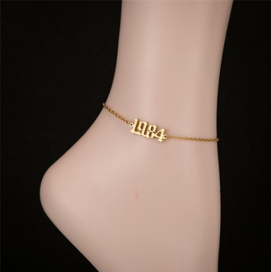 Picture of Stainless Steel Year Anklet Gold Plated Number Message " 1984 " 21cm(8 2/8") long, 1 Piece