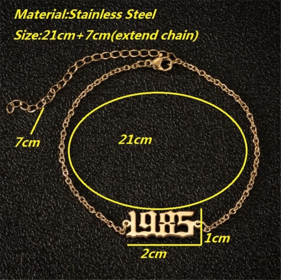 Picture of Stainless Steel Year Anklet Gold Plated Number Message " 1984 " 21cm(8 2/8") long, 1 Piece