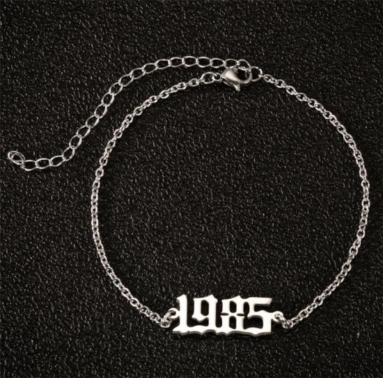 Picture of Stainless Steel Year Anklet Silver Tone Number Message " 1985 " 21cm(8 2/8") long, 1 Piece