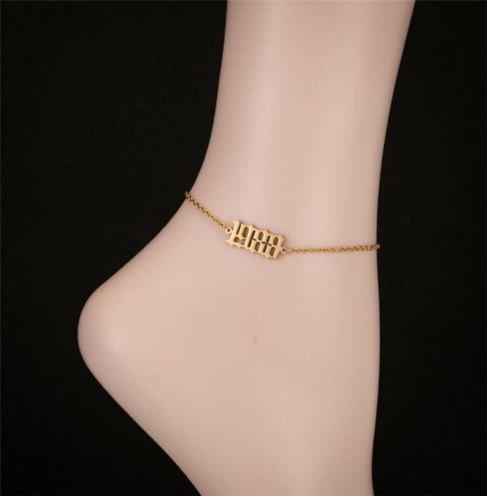Picture of Stainless Steel Year Anklet Gold Plated Number Message " 1988 " 21cm(8 2/8") long, 1 Piece