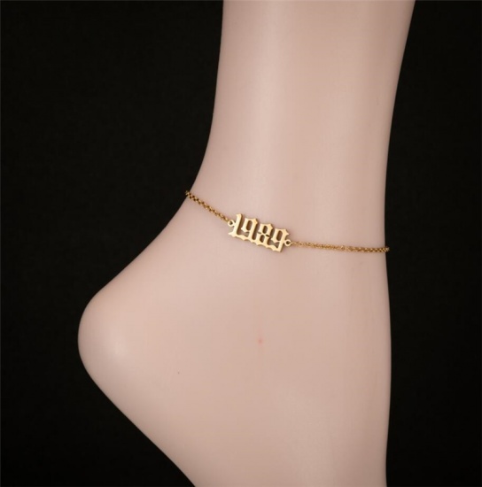 Picture of Stainless Steel Year Anklet Gold Plated Number Message " 1989 " 21cm(8 2/8") long, 1 Piece